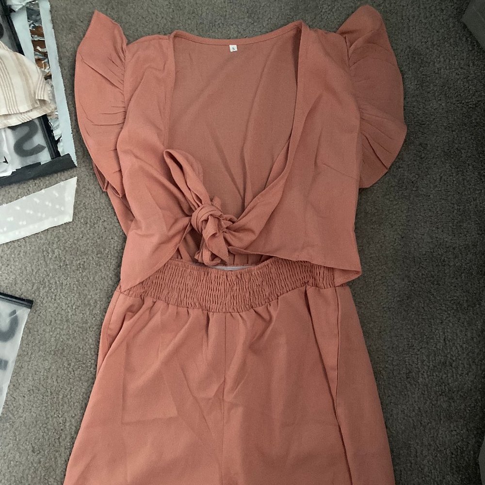 Ruffle Trim Tie Front Romper